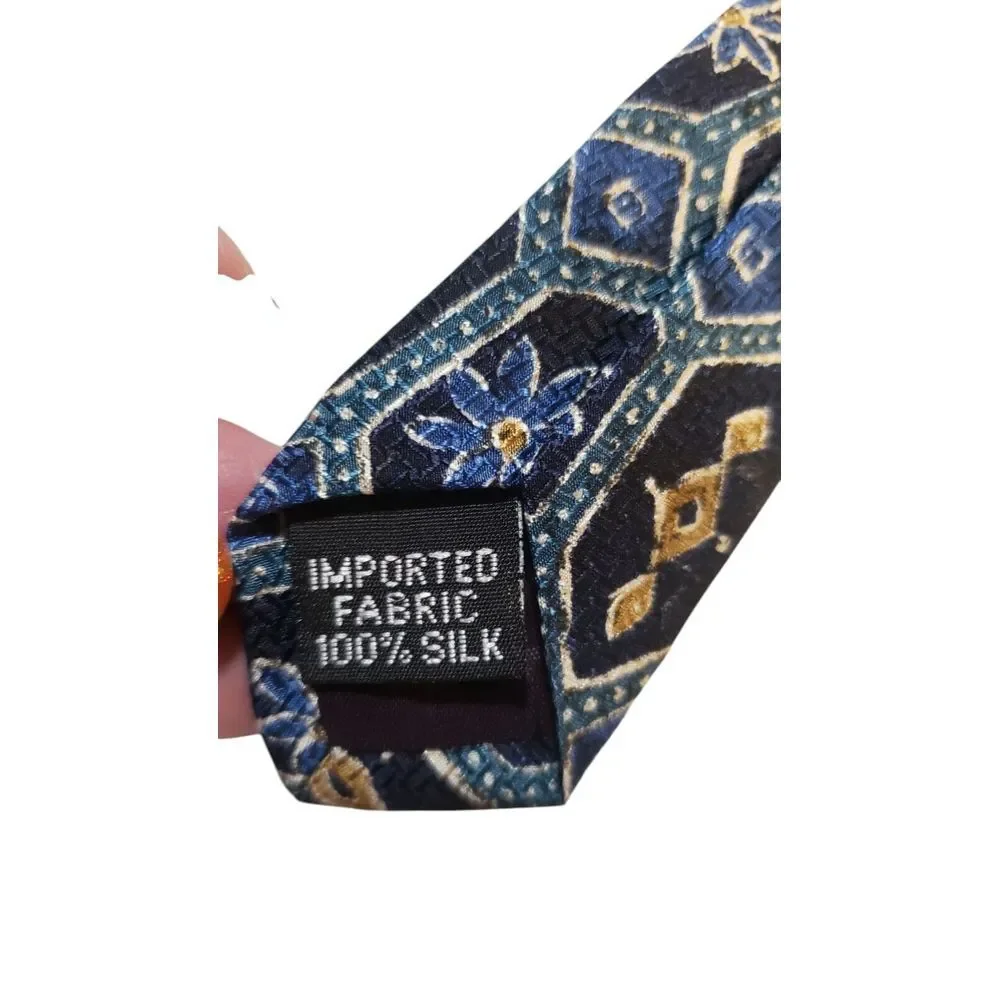 Etro Neck Tie Mens Italian Luxury‎ Blue Navy Tan Floral Silk Made in USA Office